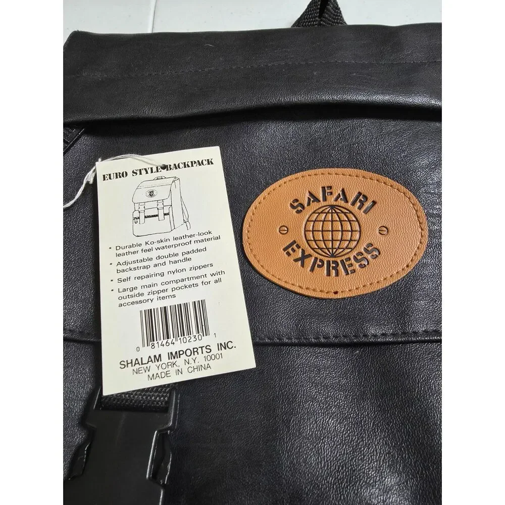 Vintage Safari Express Black Faux Leather Roll Top Backpack NWT Y2K Travel Bag
